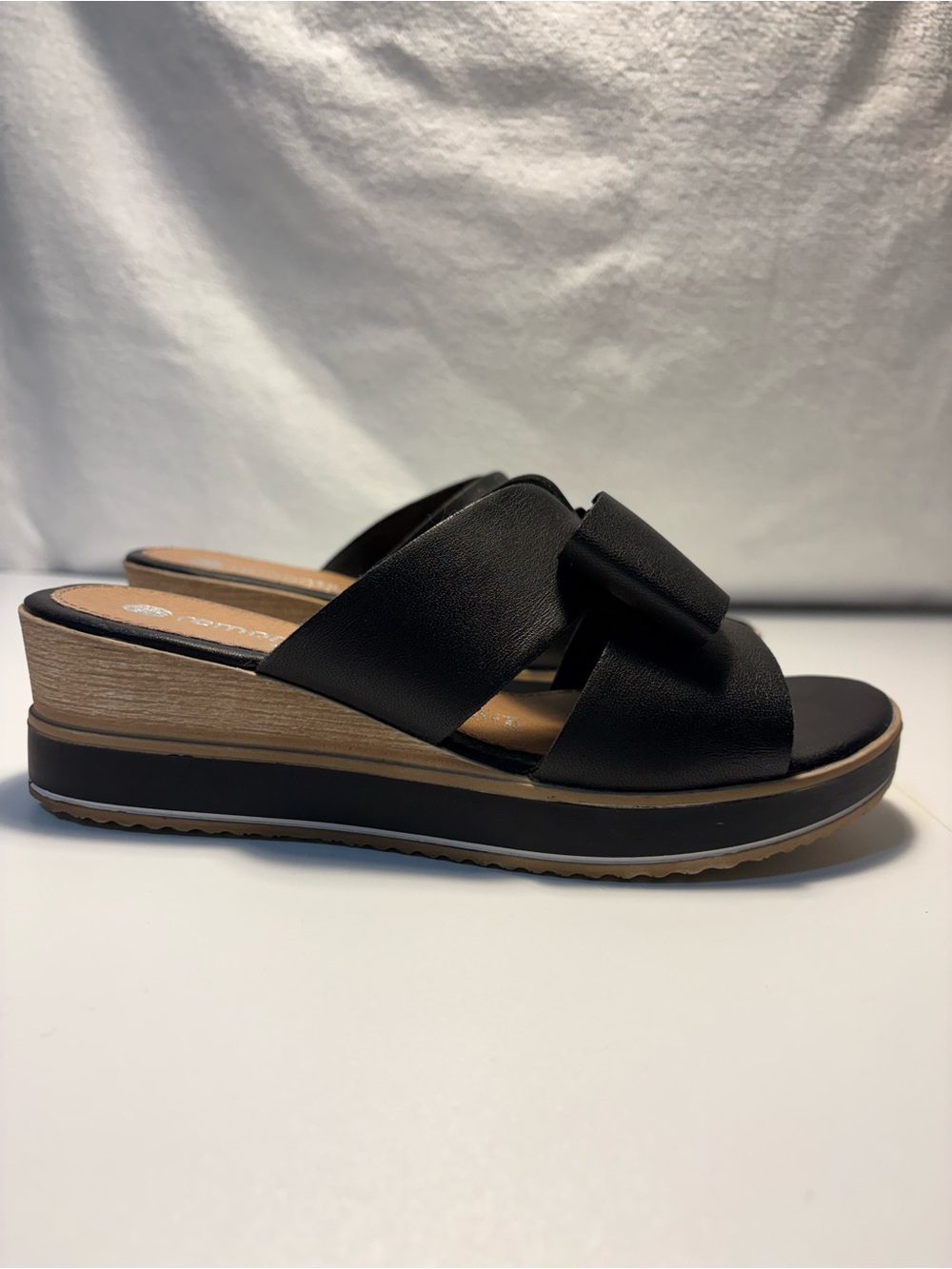 Remonte by Rieker Black Leather Bow Wedge Mules Sandals NWOT Box EU 36 US 5.5-6